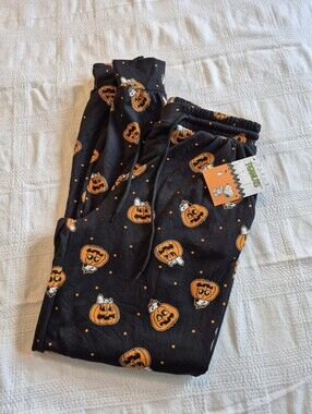 Peanuts adult size Small black Snoopy pumpkin pull on jogger style pants NEW